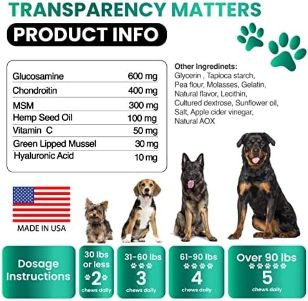 514JQ33rHYL._AC_.jpg Hemp Hip and Joint Supplement for Dogs - Glucosamine for Dogs - 170 Dog Joint Pain Relief Treats - Chondroitin, MSM, Hemp Oil - Advanced Dog Joint Supplement Health - Mobility Support Chews