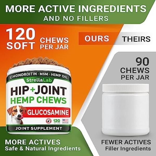 51sj-RHw9aL._AC_.jpg Hemp Treats - Glucosamine Dog Joint Supplement + Omega 3 - w/Hemp Oil - Chondroitin, MSM - Advanced Mobility Chews - Joint Pain Relief - Hip & Joint Care - Chicken Flavor - 120 Ct - Made in USA