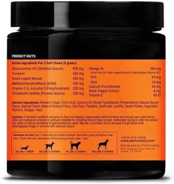 51wvn1iaYBL._AC_.jpg PetHonesty Hip & Joint Health Max Strength - Natural Joint Supplement with Glucosamine, Omega-3s, Chondroitin, Green Lipped Mussel - Dog Chews Help Improve Mobility, May Reduce Discomfort (90 ct)