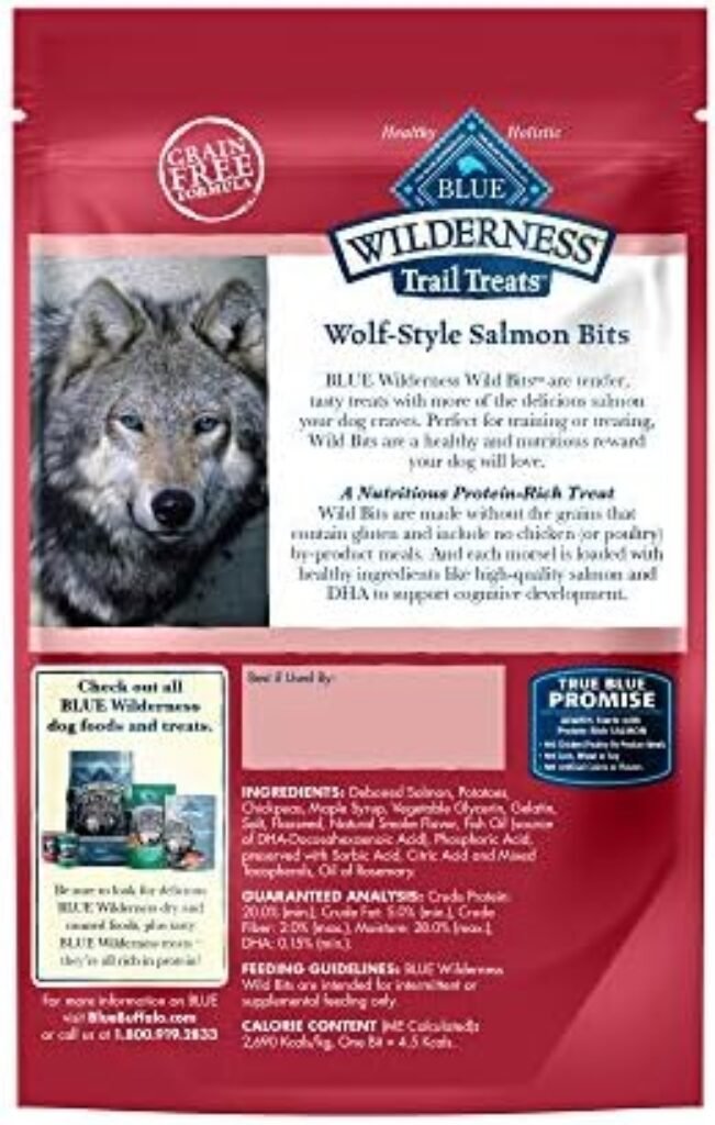 51CsbbjF5gL._AC_.jpg Blue Buffalo Wilderness Trail Treats Wild Bits High Protein Grain Free Soft-Moist Training Dog Treats, Salmon Recipe 4-oz Bag