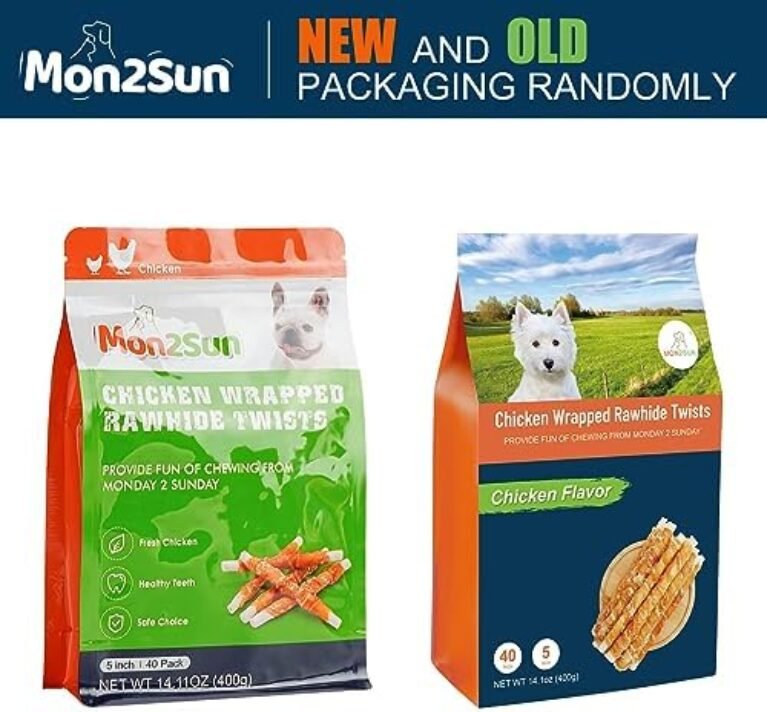 51JeqKLRajL._AC_.jpg MON2SUN Dog Treats, 5 Inch Rawhide Twist Chicken Hide Sticks, Suitable for Puppy and Small Dogs, 5 Inch (Chicken, Pack of 40)