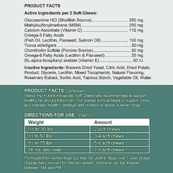 51HiqKjjuNL._AC_.jpg Senior Hip and Joint for Dogs - 120 Soft Chew Treats - Glucosamine, MSM, Vitamin C, Omega, Chondroitin - for Inflammation, Pain, Mobility, Joint and Cartilage Health - Made in USA