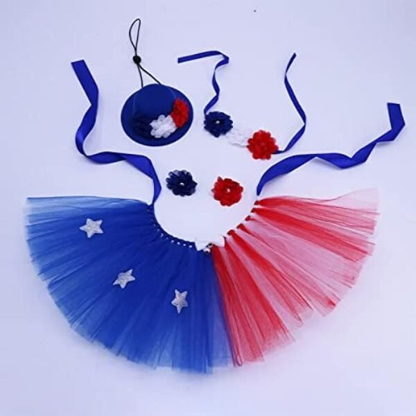 41BF3le7dTL._AC_.jpg Pet Independence Day Hat Puff Skirt - 4th of July Pet Cute Dress up Supplies - Red and Blue Flower Design Dog Hat Scarf Flower Necklace, Sparkling Pet Bowtie