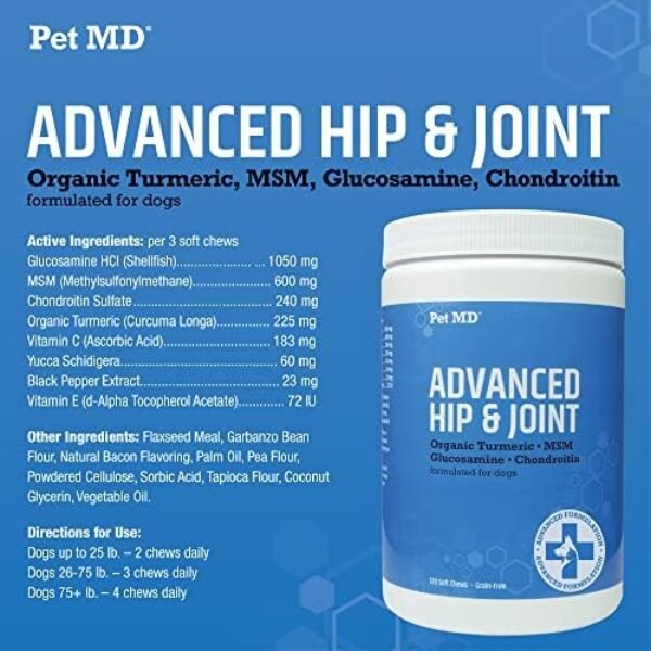 51ZVr5O8guL._AC_.jpg Pet MD Glucosamine for Dogs | Dog Joint Supplement with Glucosamine, Chondroitin & MSM - Inflammatory Pain Relief Chews for Hip & Joints - Bacon Flavored - Includes Yucca & Turmeric - 120 Ct