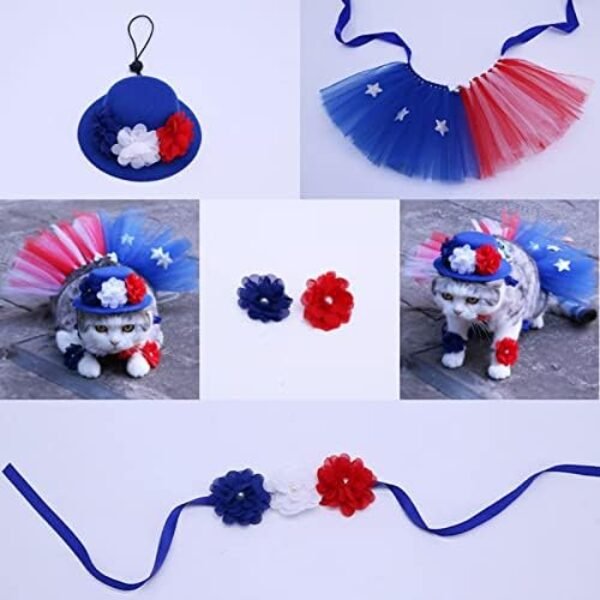 51kajJyHVZL._AC_.jpg Pet Independence Day Hat Puff Skirt - 4th of July Pet Cute Dress up Supplies - Red and Blue Flower Design Dog Hat Scarf Flower Necklace, Sparkling Pet Bowtie