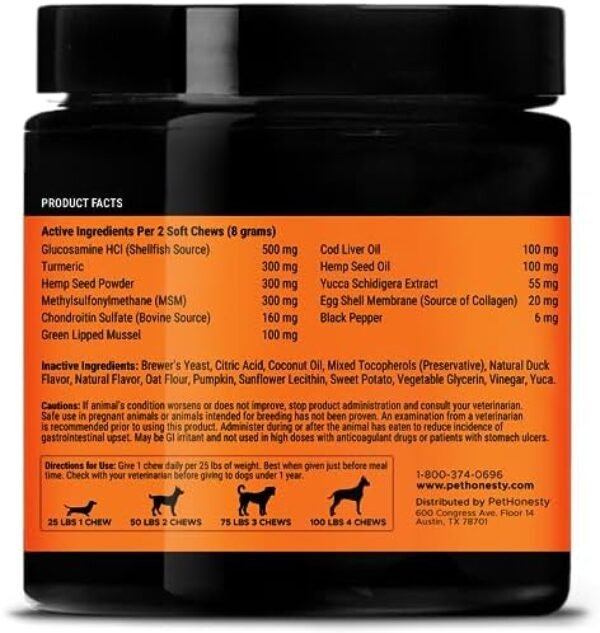 51pCQdejSUL._AC_.jpg Pet Honesty Hemp Hip & Joint Supplement for Dogs - Hemp Oil & Hemp Powder - Glucosamine Chondroitin for Dogs, Turmeric, MSM, Green-Lipped Mussel, Supports Mobility, May Reduce Discomfort (Duck)