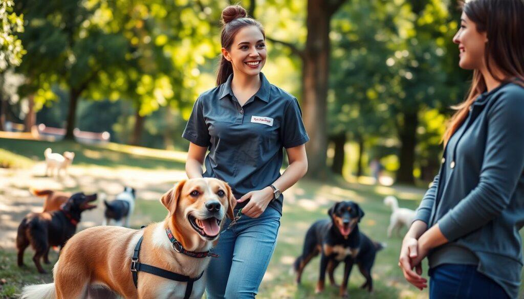 Dog walker communicating with a client