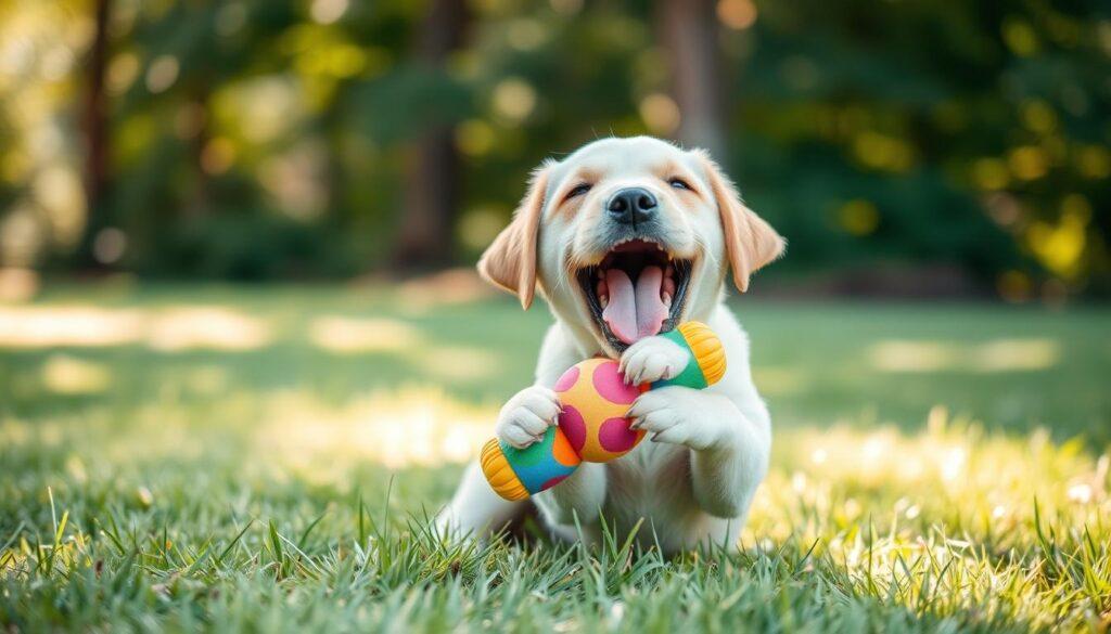 Labrador puppy biting toy