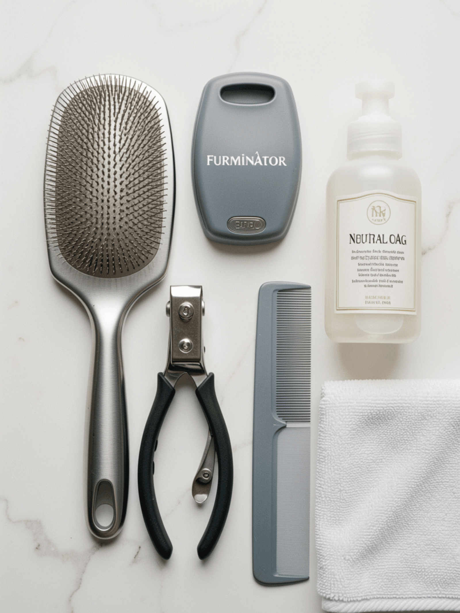 Barky Supplies Expert Tips Home Professional dog grooming tools arranged on white marble surface including slicker brush, deshedding tool, nail clippers, shampoo bottle, comb, and towel ا