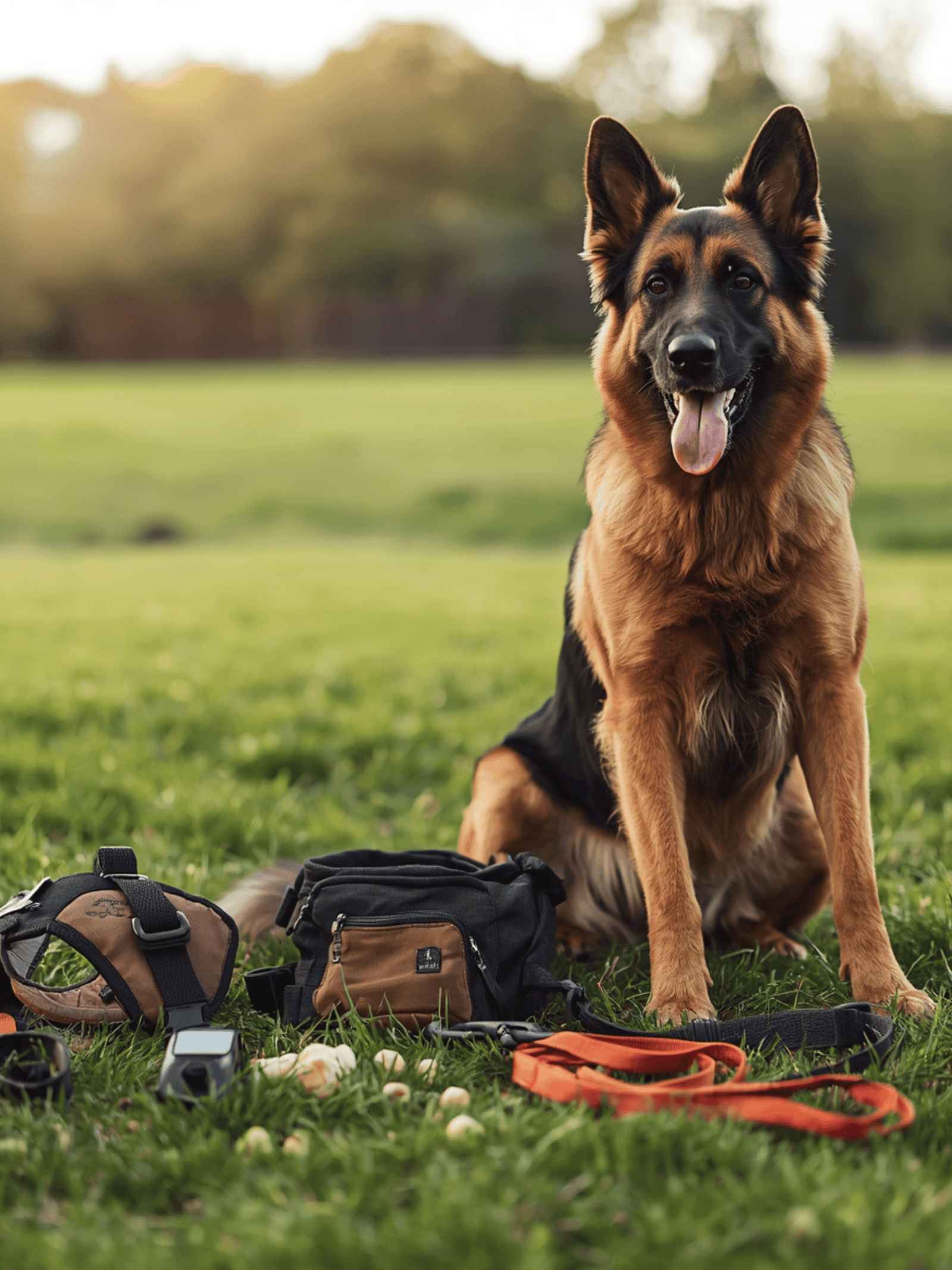 Barky Supplies Expert Tips Home Well-trained German Shepherd sitting calmly next to dog training gear including padded harness, clicker, treat pouch, leash, and treats on grassy field